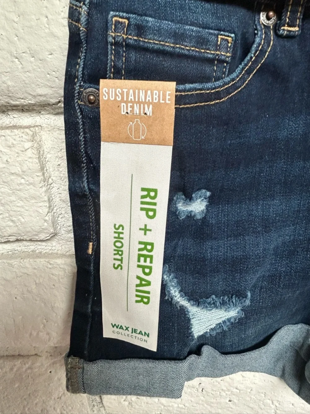 Wax Jean Rip+Repair Junior Girl Denim Shorts Dark Wash Distressed Cuffed Size S
